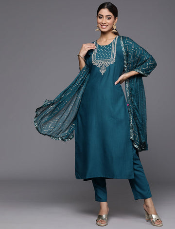 Blue Round Neck Embroidered Yoke Straight Kurta Paired With Tonal Bottom And Dupatta